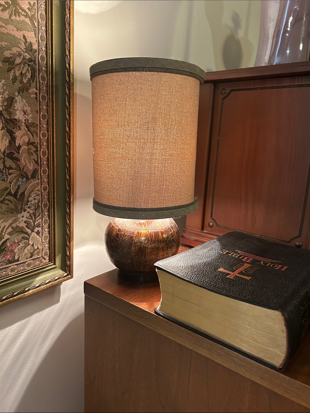 Vintage Brown Textured Accent Table Lampโ Linen Shade 12 Inch Rustic Decor